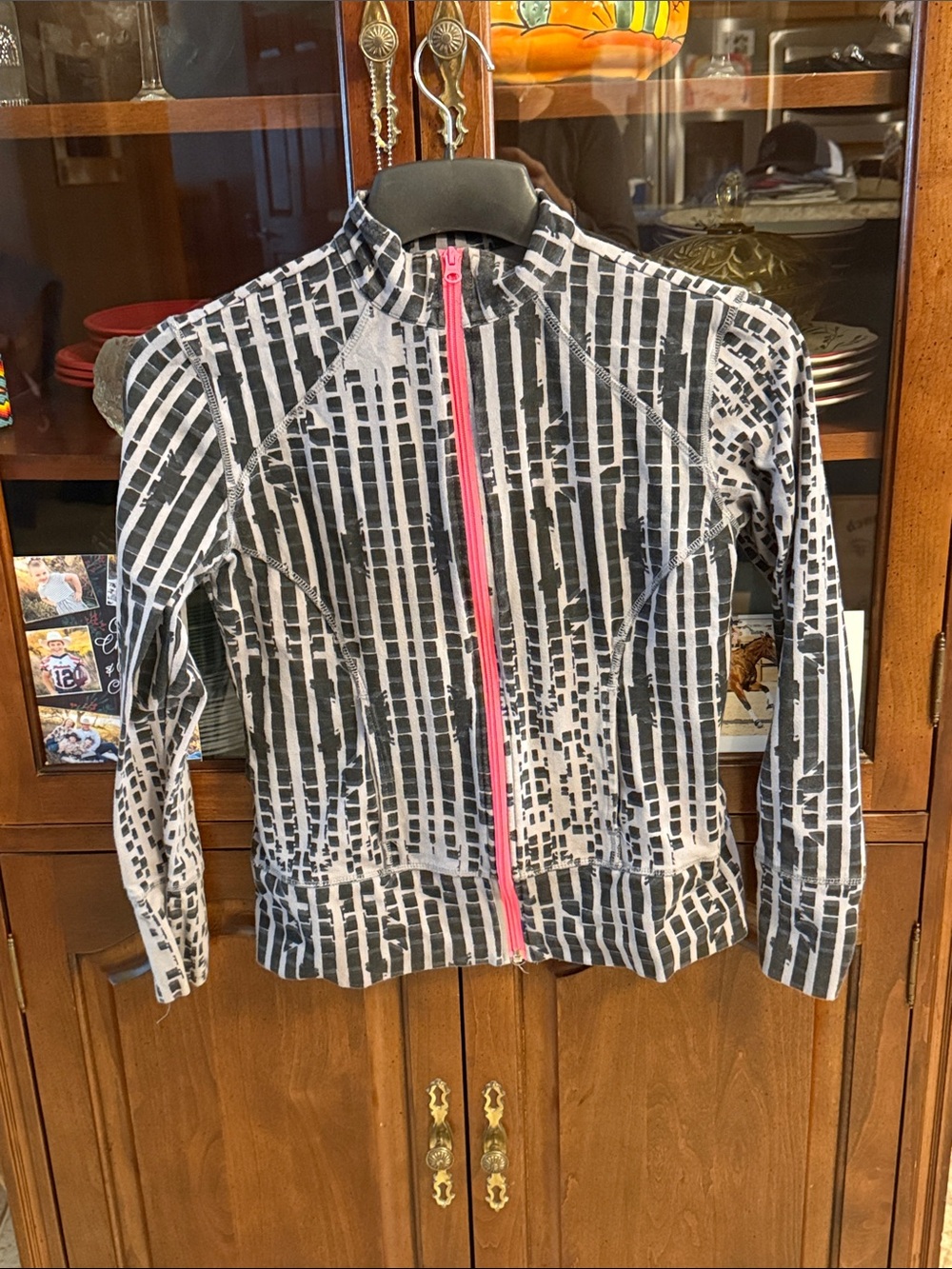 Black & White Patterned Bomber Jacket with Pink Zip